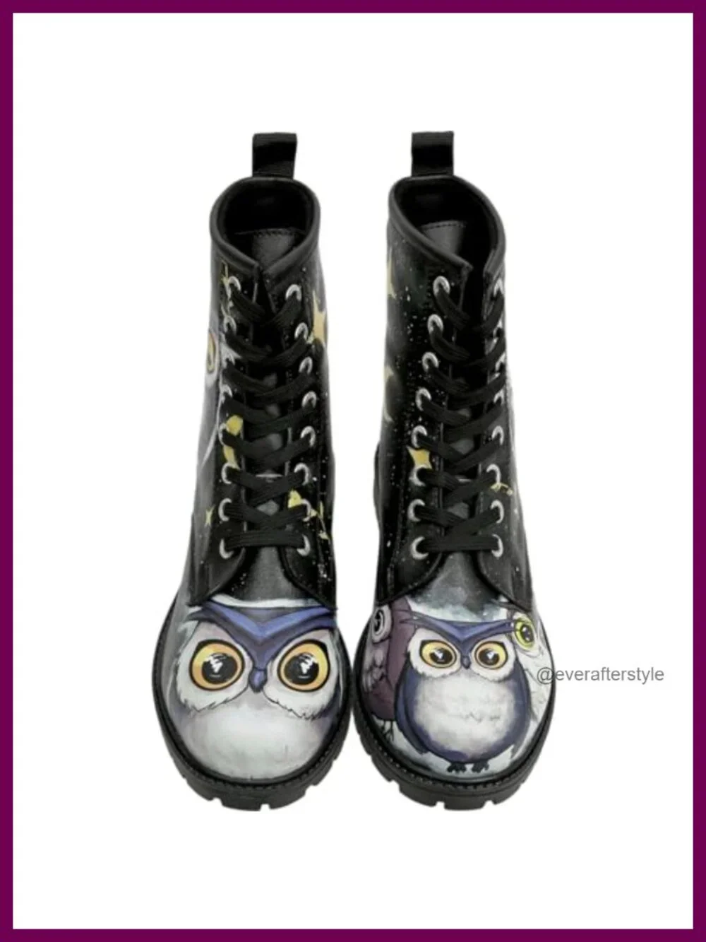 Vegan Leather Long Boots with Owl Print, Low Heel Ankle Booties, Water
